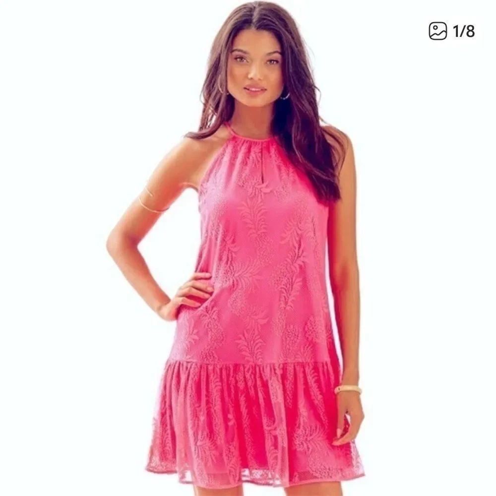 Lilly Pulitzer Isabeau Neon Hot Pink Pineapple Knit Lace Dress Womens Large